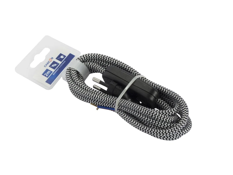 Two-tone fabric cable with switch, 2 m - Black/White