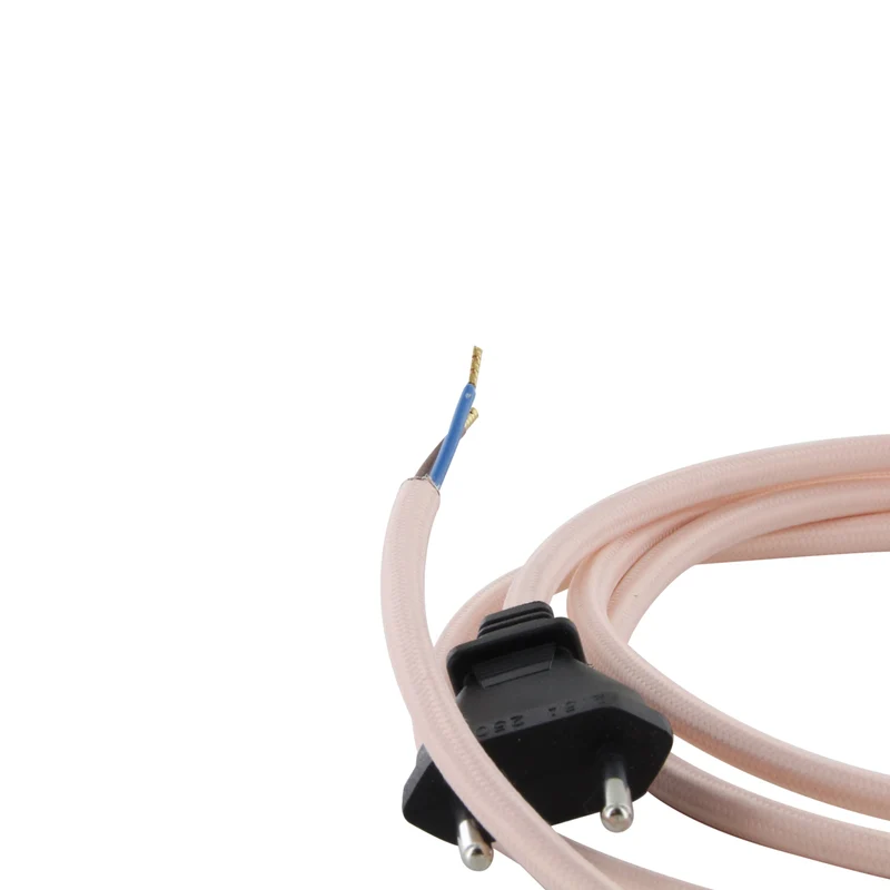 Pale pink fabric cable + switch, 2 m