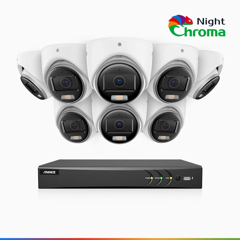 NightChroma TM NAK500 - Kit de sécurité extérieure TVI 3K à 8 canaux avec 8 caméras, vision nocturne couleur Acme, Résolution de 2960 × 1665, Ouverture f/1.0 (0,001 lux), Microphone intégré, IP67, Version améliorée