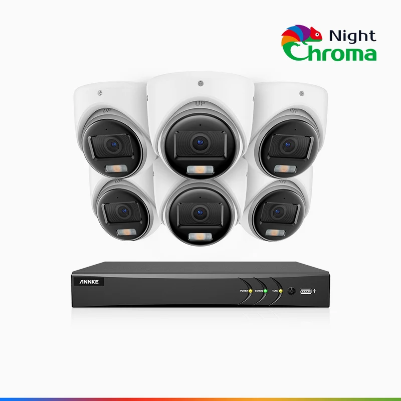 NightChroma TM NAK500 - Kit de sécurité extérieure TVI 3K à 8 canaux avec 6 caméras, vision nocturne couleur Acme, Résolution de 2960 × 1665, Ouverture f/1.0 (0,001 lux), Microphone intégré, IP67, Version améliorée
