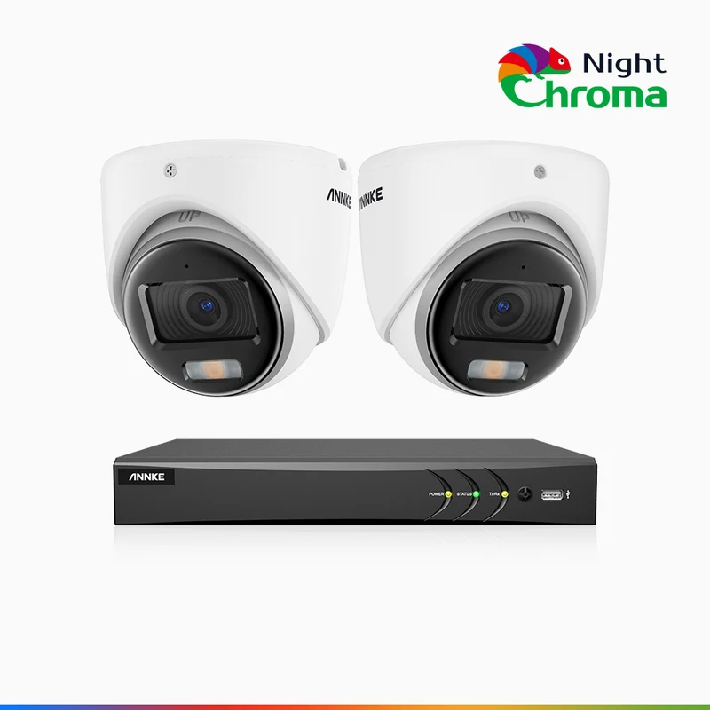 NightChroma TM NAK500 - Kit de sécurité extérieure TVI 3K à 8 canaux avec 2 caméras, vision nocturne couleur Acme, Résolution de 2960 × 1665, Ouverture f/1.0 (0,001 lux), Microphone intégré, IP67, Version améliorée