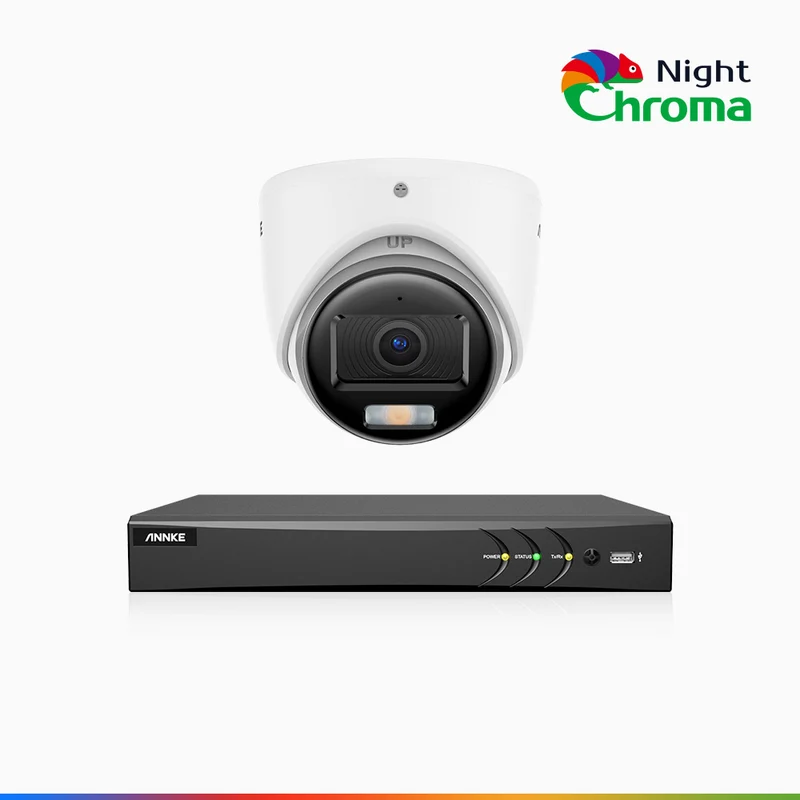 NightChroma TM NAK500 - Kit de sécurité extérieure TVI 3K à 8 canaux avec 1 caméra, vision nocturne couleur Acme, Résolution de 2960 × 1665, Ouverture f/1.0 (0,001 lux), Microphone intégré, IP67, Version améliorée