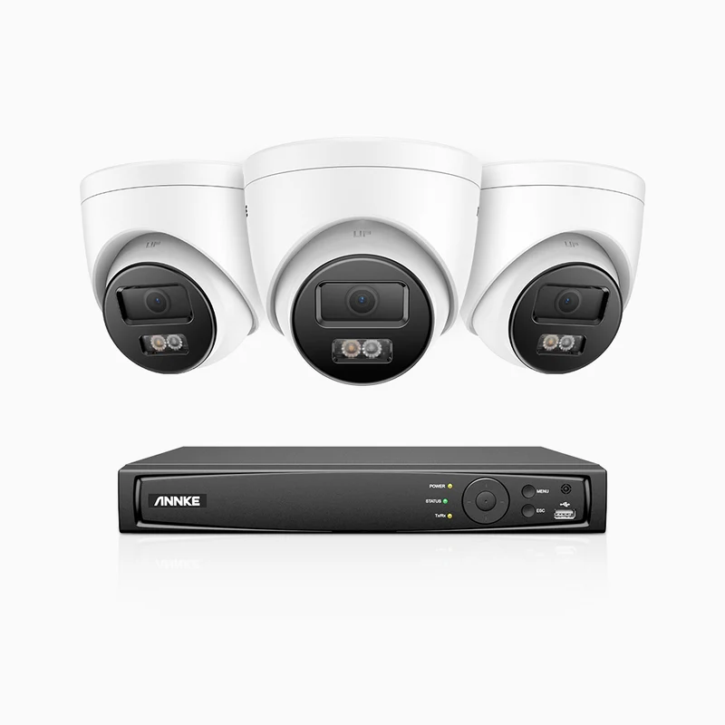 H800 - Kit de surveillance PoE 4K à 4 canaux avec 3 caméras, vision nocturne en couleur et infrarouge, Détection Personne-Véhicule, Microphone intégré, Champ de vision de 96°, RTSP et ONVIF pris en charge