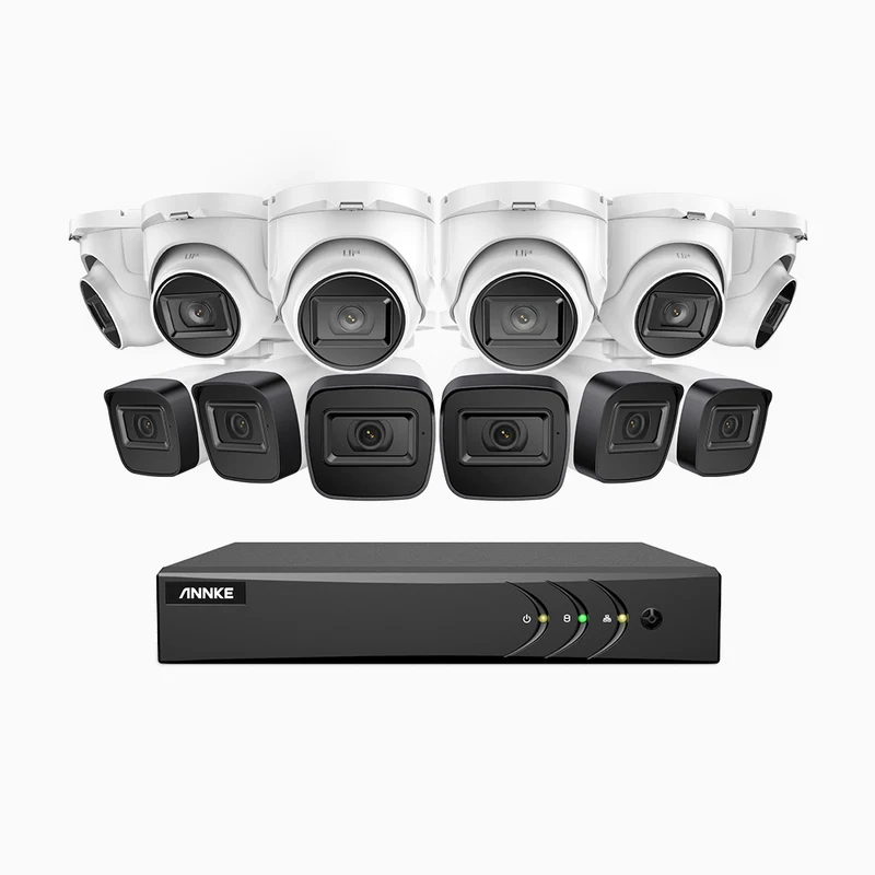 EL200 - Kit de surveillance filaire 1080p à 16 canaux avec 6 caméras bullet et 6 caméra tourelle, DVR intelligent avec détection humaine et véhicule, vision nocturne infrarouge de 66 pieds, signal de sortie 4-en-1, IP67