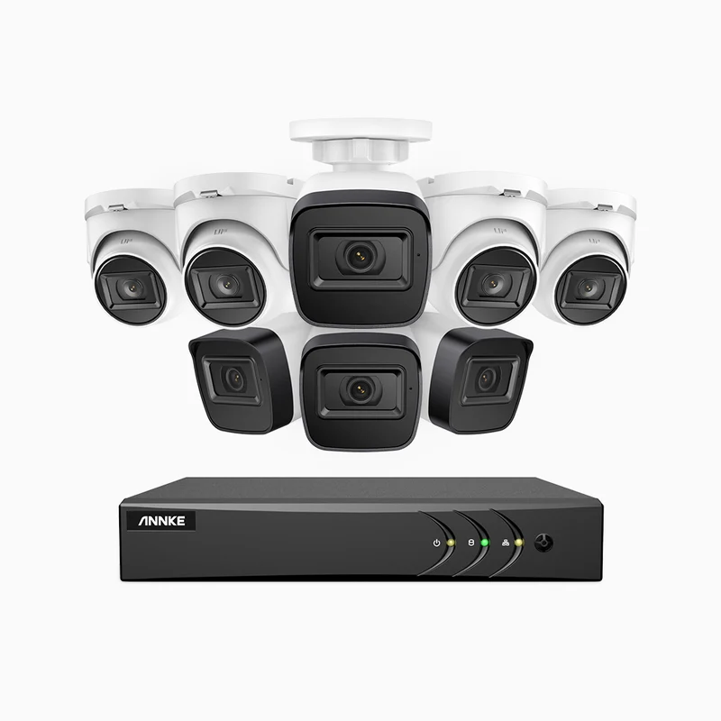 EL200 - Kit de surveillance filaire 1080p à 16 canaux avec 4 caméras bullet et 4 caméra tourelle, DVR intelligent avec détection humaine et véhicule, vision nocturne infrarouge de 66 pieds, signal de sortie 4-en-1, IP67