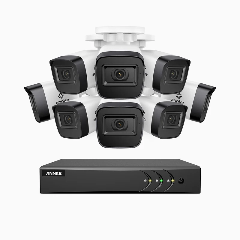 EL200 - Kit de surveillance filaire 1080p à 16 canaux avec 8 caméras, DVR intelligent avec détection humaine et véhicule, vision nocturne infrarouge de 66 pieds, signal de sortie 4-en-1, IP67