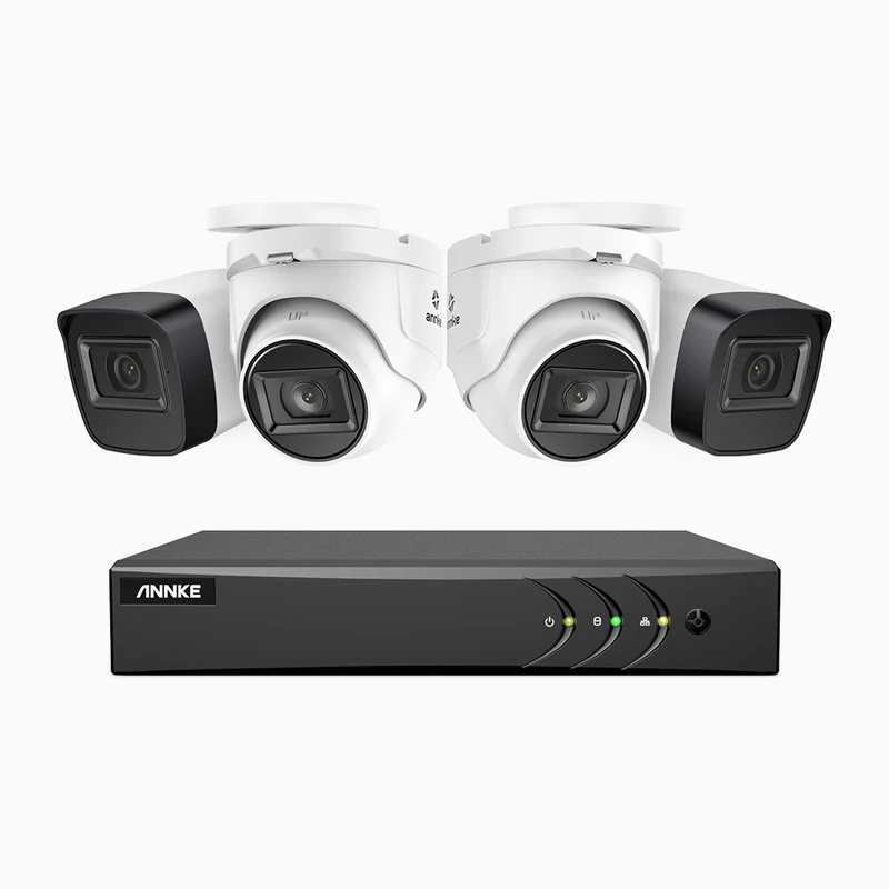 EL200 - Kit de surveillance filaire 1080p à 4 canaux avec 2 caméras bullet et 2 caméra tourelle, DVR intelligent avec détection humaine et véhicule, vision nocturne infrarouge de 66 pieds, signal de sortie 4-en-1, IP67