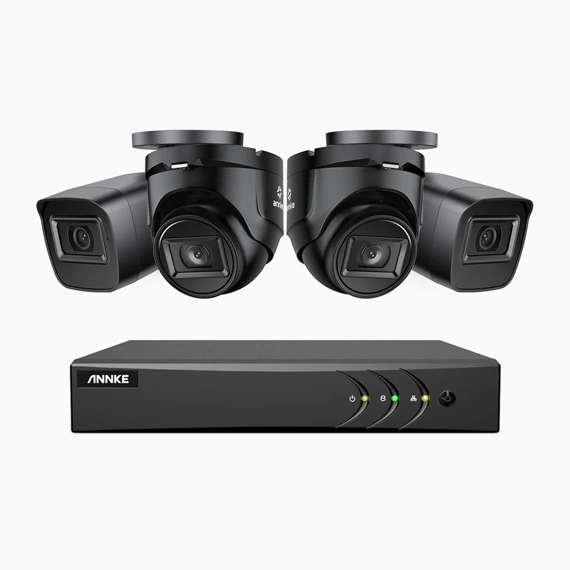EL200 - Kit de surveillance filaire 1080p à 4 canaux avec 2 caméras bullet et 2 caméra tourelle, DVR intelligent avec détection humaine et véhicule, vision nocturne infrarouge de 66 pieds, signal de sortie 4-en-1, IP67