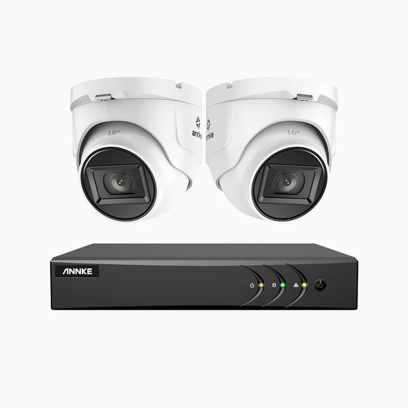 EL200 - Kit de surveillance filaire 1080p à 4 canaux avec 2 caméras, DVR intelligent avec détection humaine et véhicule, vision nocturne infrarouge de 66 pieds, signal de sortie 4-en-1, IP67