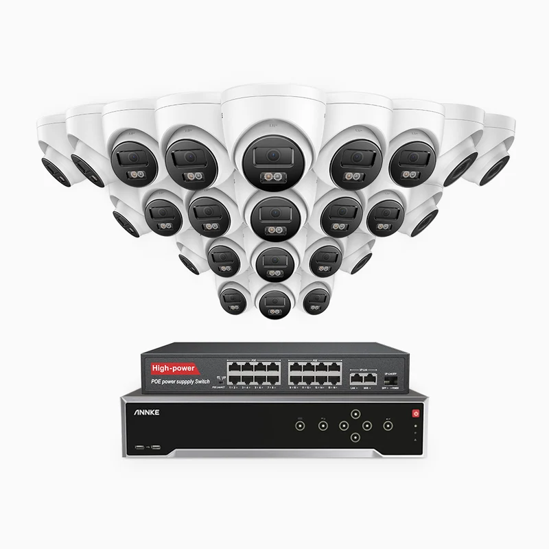 H800 - Kit de surveillance PoE 4K à 32 canaux avec 24 caméras, vision nocturne en couleur et infrarouge, Détection de personnes et de véhicules, Microphone intégré, Champ de vision de 96°, RTSP et ONVIF pris en charge, Switch PoE 16 ports inclus