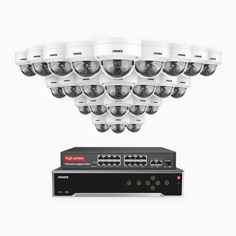 H800 - Kit de surveillance PoE 4K à 32 canaux avec 24 caméras, vision nocturne en couleur et infrarouge, Détection de personnes et de véhicules, Microphone intégré, Champ de vision de 96°, RTSP et ONVIF pris en charge, Switch PoE 16 ports inclus