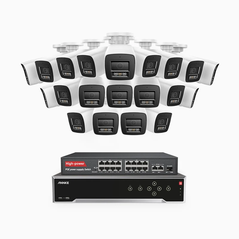 H800 - Kit de surveillance PoE 4K à 32 canaux avec 20 caméras, vision nocturne en couleur et infrarouge, Détection de personnes et de véhicules, Microphone intégré, Champ de vision de 96°, RTSP et ONVIF pris en charge, Switch PoE 16 ports inclus