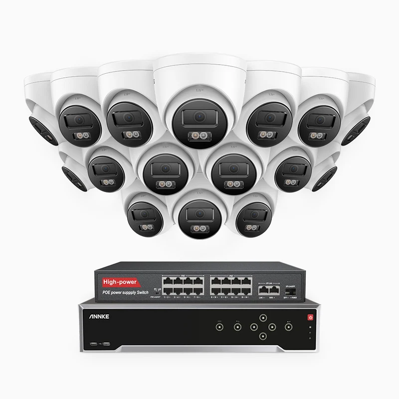 H800 - Kit de surveillance PoE 4K à 32 canaux avec 16 caméras, vision nocturne en couleur et infrarouge, Détection de personnes et de véhicules, Microphone intégré, Champ de vision de 96°, RTSP et ONVIF pris en charge, Switch PoE 16 ports inclus