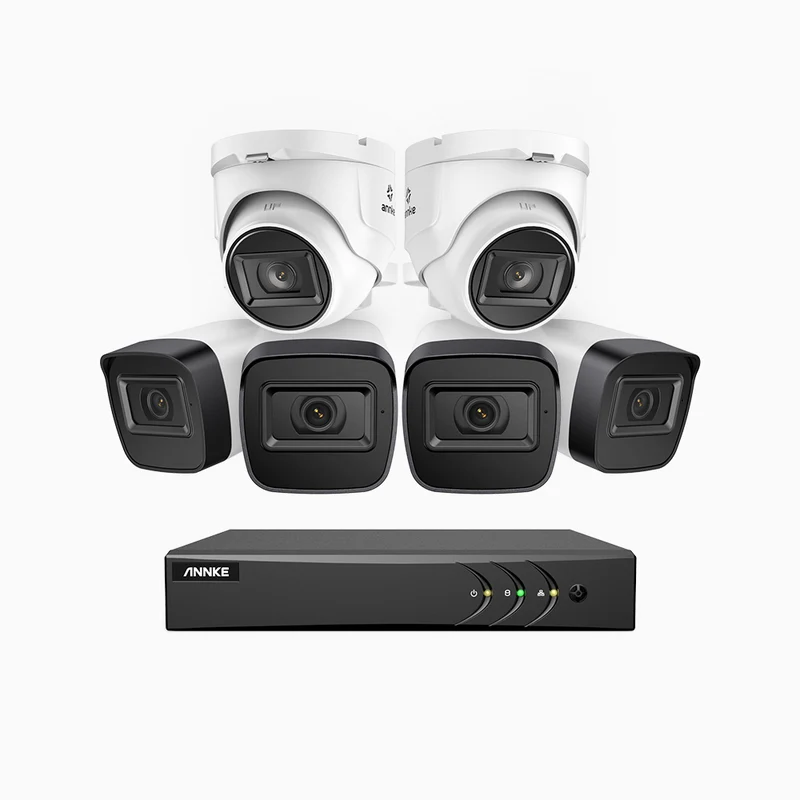 EL200 - Kit de surveillance filaire 1080p à 8 canaux avec 4 caméras bullet et 2 caméra tourelle, DVR intelligent avec détection humaine et véhicule, vision nocturne infrarouge de 66 pieds, signal de sortie 4-en-1, IP67