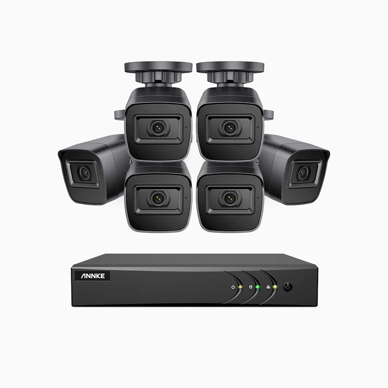 EL200 - Kit de surveillance filaire 1080p à 8 canaux avec 6 caméras, DVR intelligent avec détection humaine et véhicule, vision nocturne infrarouge de 66 pieds, signal de sortie 4-en-1, IP67
