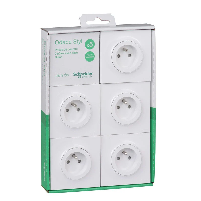 Lot de 5 prises 2P+T + plaque Odace - Schneider