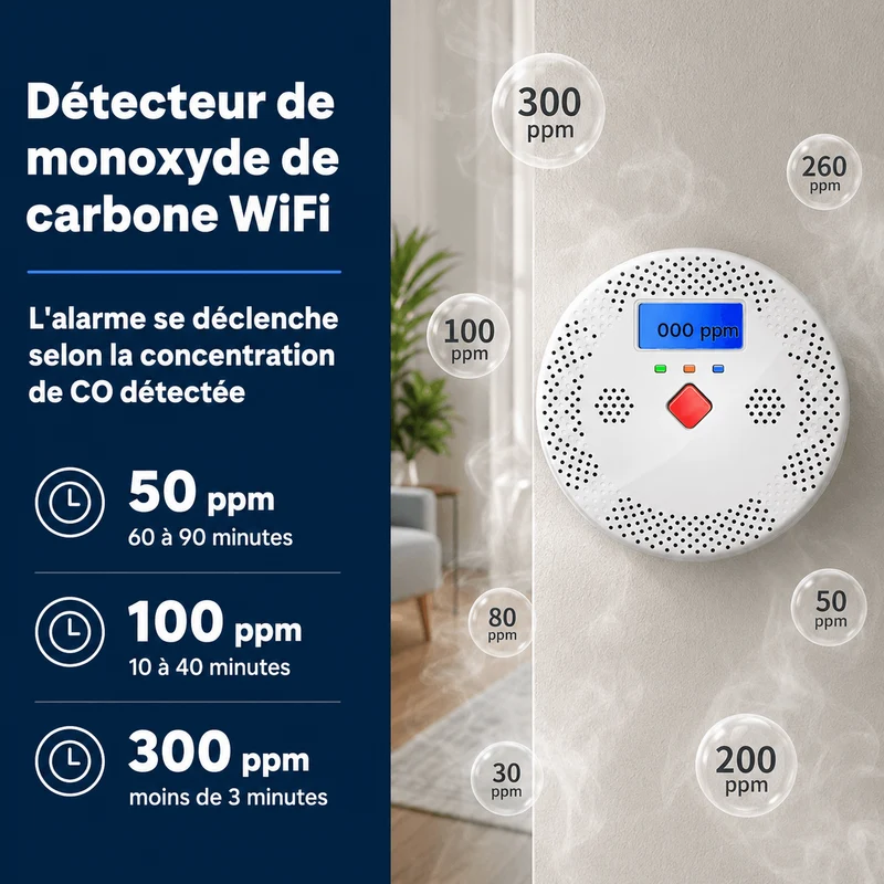 Détecteur de Monoxyde de Carbone WiFi avec Écran LCD