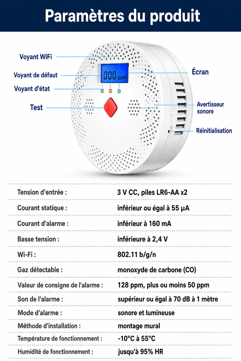 Détecteur de Monoxyde de Carbone WiFi avec Écran LCD