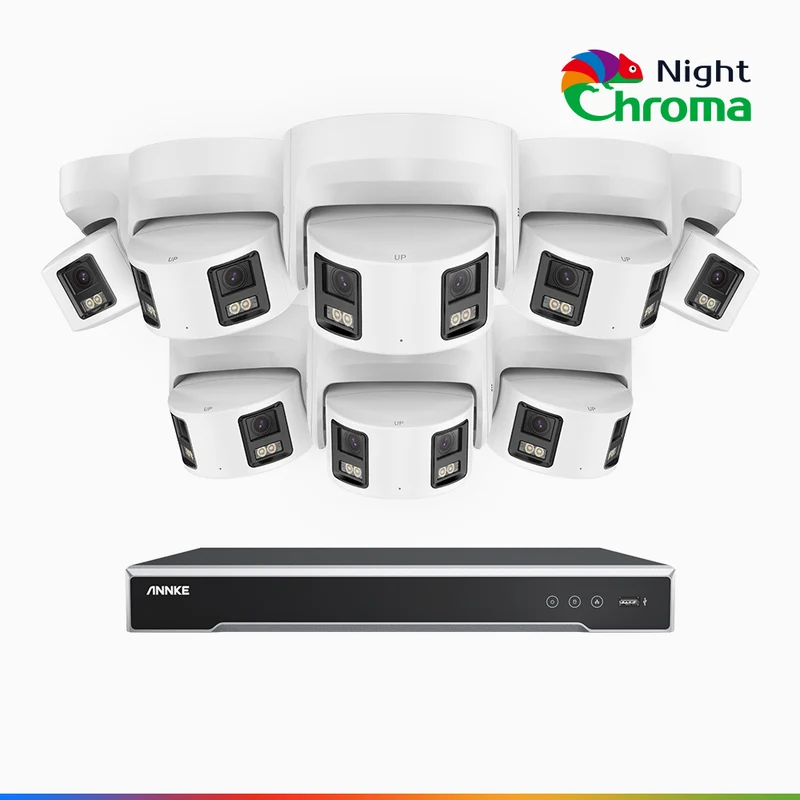 NightChroma TM NDK800 – Kit de surveillance PoE Dual Lens 4K à 16 canaux avec 8 caméras, f/1.0 Super Aperture, Acme Color Night Vision, Active Siren and Strobe, Human & Vehicle Detection, Intelligent Behavior Analysis, Built-in Micphone