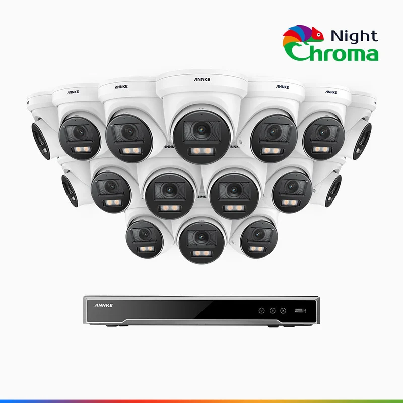 NightChroma TM NCK800 - Kit de surveillance PoE 4K à 16 canaux avec 16 caméras, Vision nocturne couleur ultime, super ouverture f/1.0 (0,0005 Lux), Détection Personne-Véhicule, Analyse comportementale intelligente, Microphone intégré