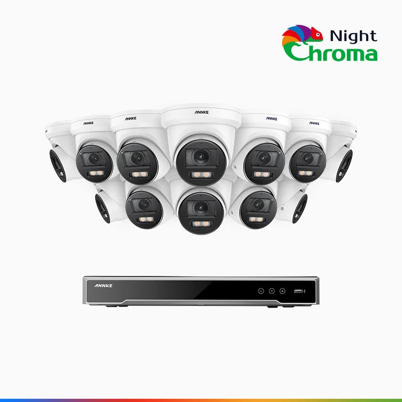 NightChroma TM NCK800 - Kit de surveillance PoE 4K à 16 canaux avec 12 caméras, Vision nocturne couleur ultime, super ouverture f/1.0 (0,0005 Lux), Détection Personne-Véhicule, Analyse comportementale intelligente, Microphone intégré