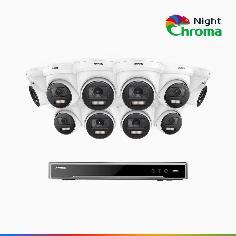 NightChroma TM NCK800 - Kit de surveillance PoE 4K à 16 canaux avec 10 caméras, Vision nocturne couleur ultime, super ouverture f/1.0 (0,0005 Lux), Détection Personne-Véhicule, Analyse comportementale intelligente, Microphone intégré