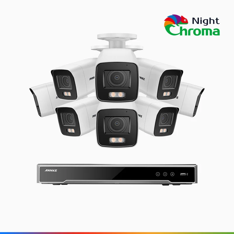 NightChroma TM NCK800 - Kit de surveillance PoE 4K à 16 canaux avec 8 caméras, Vision nocturne couleur ultime, super ouverture f/1.0 (0,0005 Lux), Détection Personne-Véhicule, Analyse comportementale intelligente, Microphone intégré