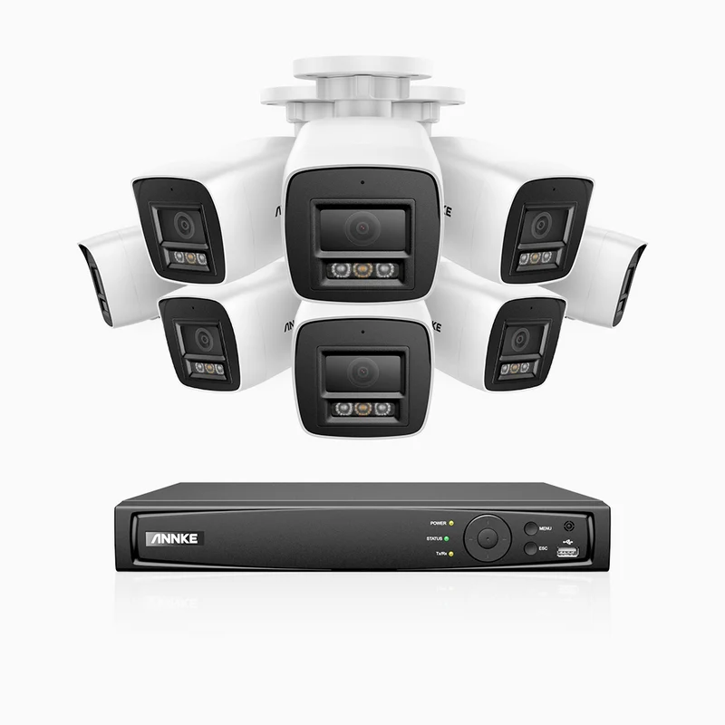 H1200 - Kit de surveillance PoE 4K 12MP à 8 canaux avec 8 caméras, vision nocturne couleur et IR, détection humaine et véhiculaire, H.265+, microphone intégré, stockage local maximal de 512 Go, IP67