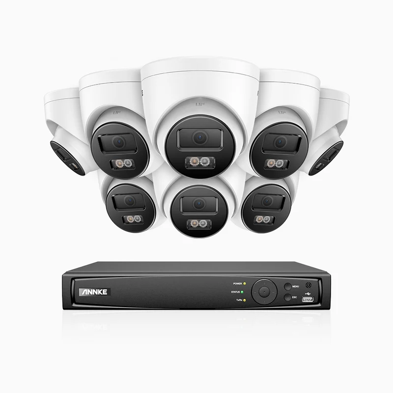 H1200 - Kit de surveillance PoE 4K 12MP à 8 canaux avec 8 caméras, vision nocturne couleur et IR, détection humaine et véhiculaire, H.265+, microphone intégré, stockage local maximal de 512 Go, IP67