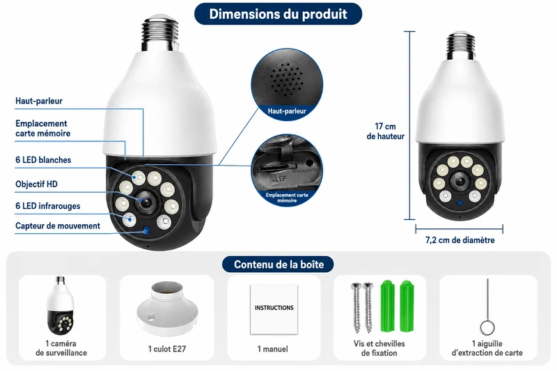 Caméra Ampoule E27 WiFi PTZ 3MP/5MP