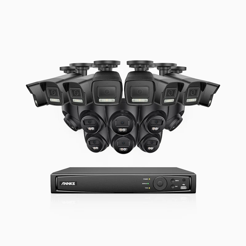 H500P - Kit de surveillance PoE 3K à 16 canaux avec 8 caméras bullet et 8 caméras tourelle, vision nocturne en couleur et infrarouge, 3072 × 1728 à 20 ips, Détection des personnes et des véhicules, Audio bidirectionnel, IP67