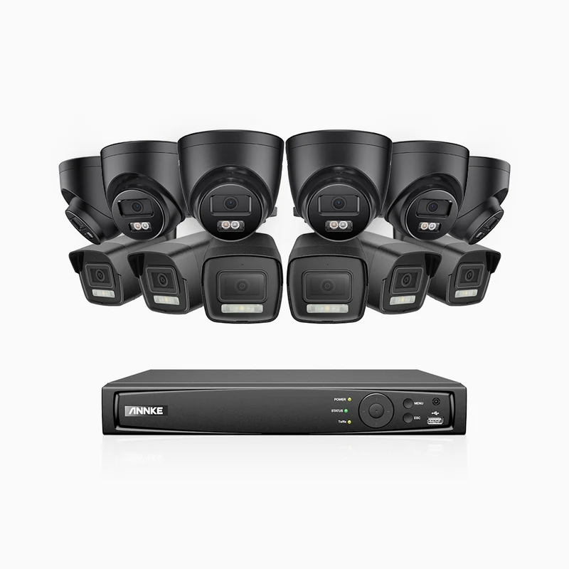 H500P - Kit de surveillance PoE 3K à 16 canaux avec 6 caméras bullet et 6 caméras tourelle, vision nocturne en couleur et infrarouge, 3072 × 1728 à 20 ips, Détection des personnes et des véhicules, Audio bidirectionnel, IP67