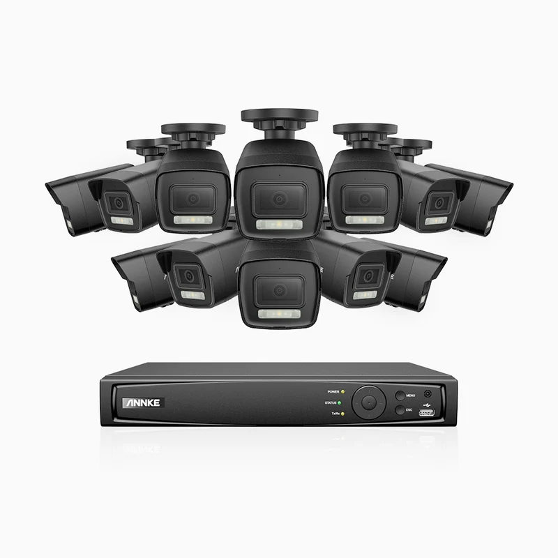 H500P - Kit de surveillance PoE 3K à 16 canaux avec 12 caméras, vision nocturne en couleur et infrarouge, 3072 × 1728 à 20 ips, Détection des personnes et des véhicules, Audio bidirectionnel, IP67