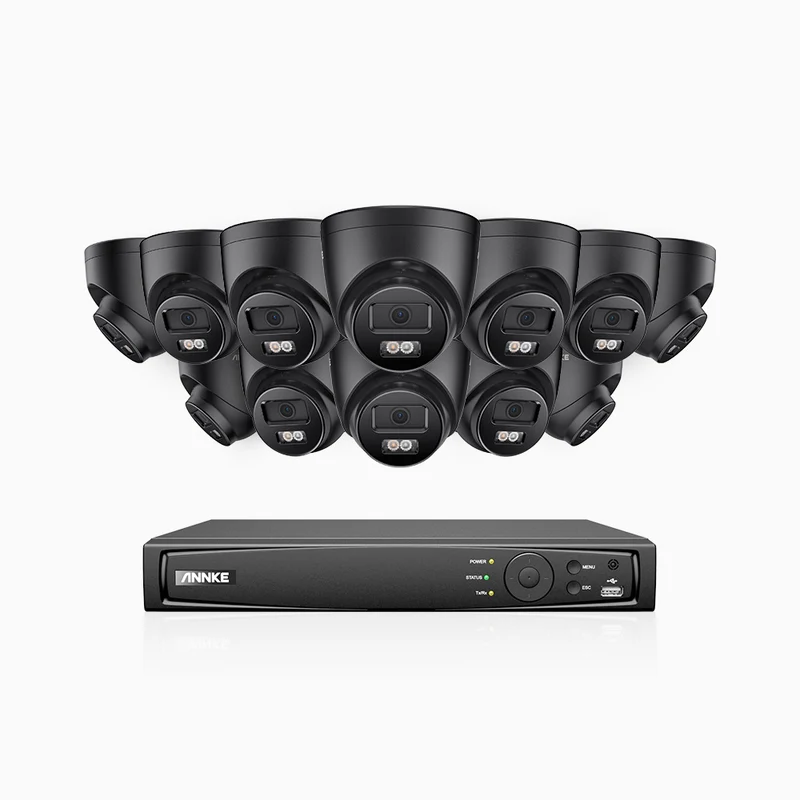 H500P - Kit de surveillance PoE 3K à 16 canaux avec 12 caméras, vision nocturne en couleur et infrarouge, 3072 × 1728 à 20 ips, Détection des personnes et des véhicules, Audio bidirectionnel, IP67