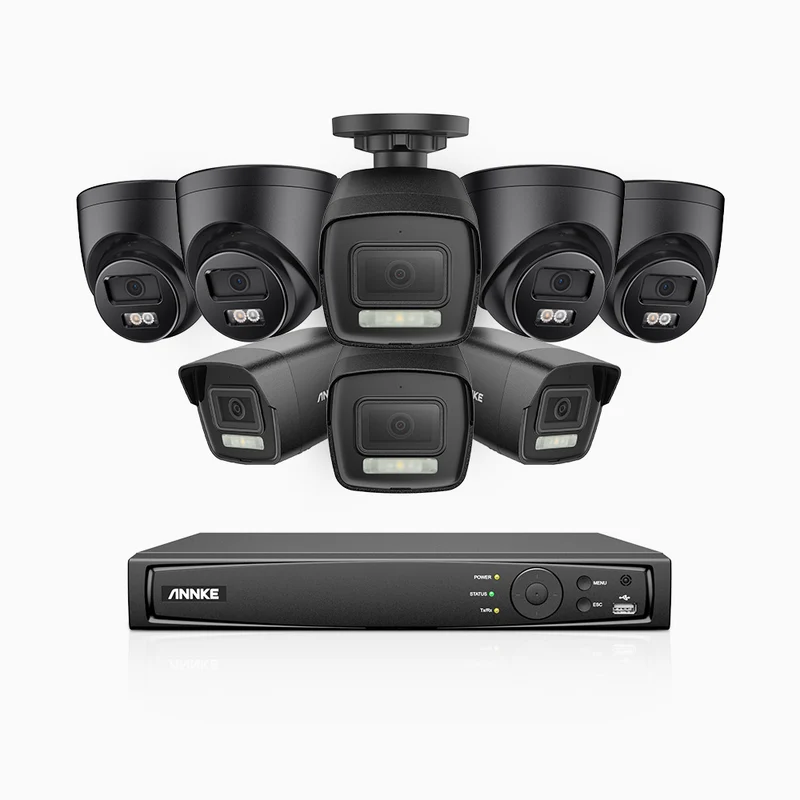 H500P - Kit de surveillance PoE 3K à 16 canaux avec 4 caméras bullet et 4 caméras tourelle, vision nocturne en couleur et infrarouge, 3072 × 1728 à 20 ips, Détection des personnes et des véhicules, Audio bidirectionnel, IP67