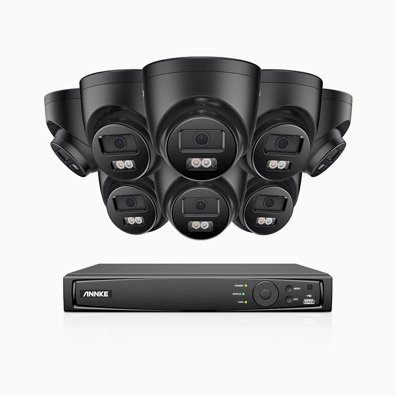 H500P - Kit de surveillance PoE 3K à 16 canaux avec 8 caméras, vision nocturne en couleur et infrarouge, 3072 × 1728 à 20 ips, Détection des personnes et des véhicules, Audio bidirectionnel, IP67