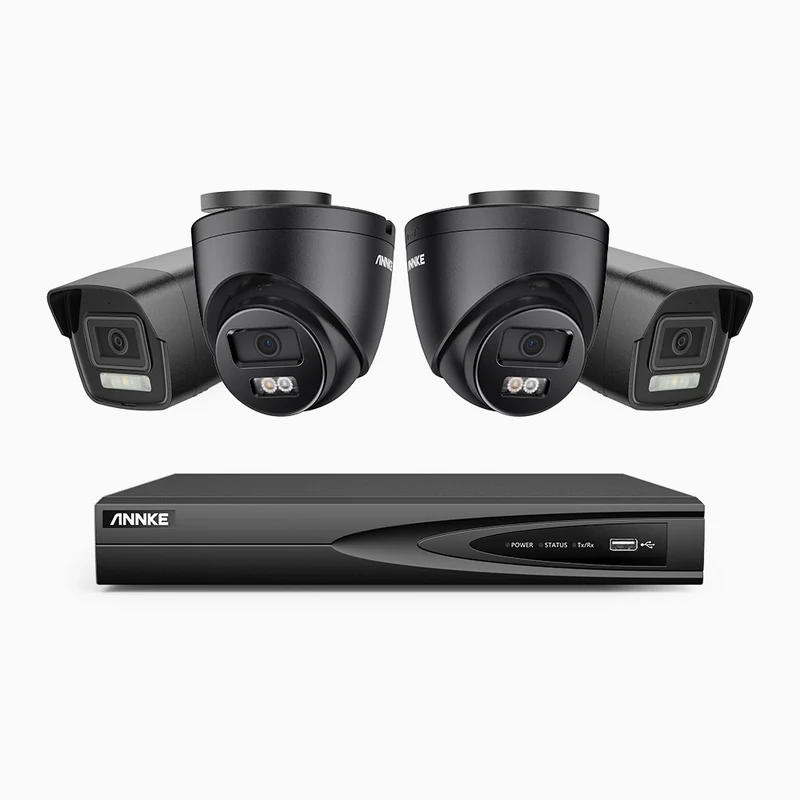 H500P - Kit de surveillance PoE 3K à 4 canaux avec 2 caméras bullet et 2 caméras tourelle, vision nocturne en couleur et infrarouge, 3072 × 1728 à 20 ips, Détection des personnes et des véhicules, Audio bidirectionnel, IP67