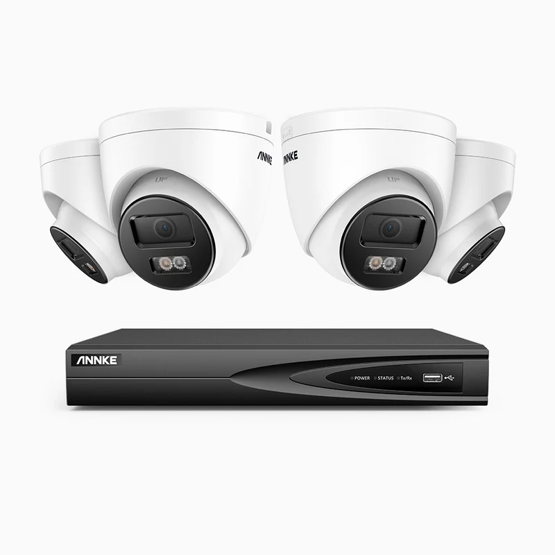 H500P - Kit de surveillance PoE 3K à 4 canaux avec 4 caméras, vision nocturne en couleur et infrarouge, 3072 × 1728 à 20 ips, Détection des personnes et des véhicules, Audio bidirectionnel, IP67