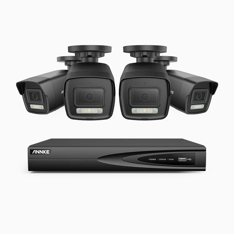 H500P - Kit de surveillance PoE 3K à 4 canaux avec 4 caméras, vision nocturne en couleur et infrarouge, 3072 × 1728 à 20 ips, Détection des personnes et des véhicules, Audio bidirectionnel, IP67