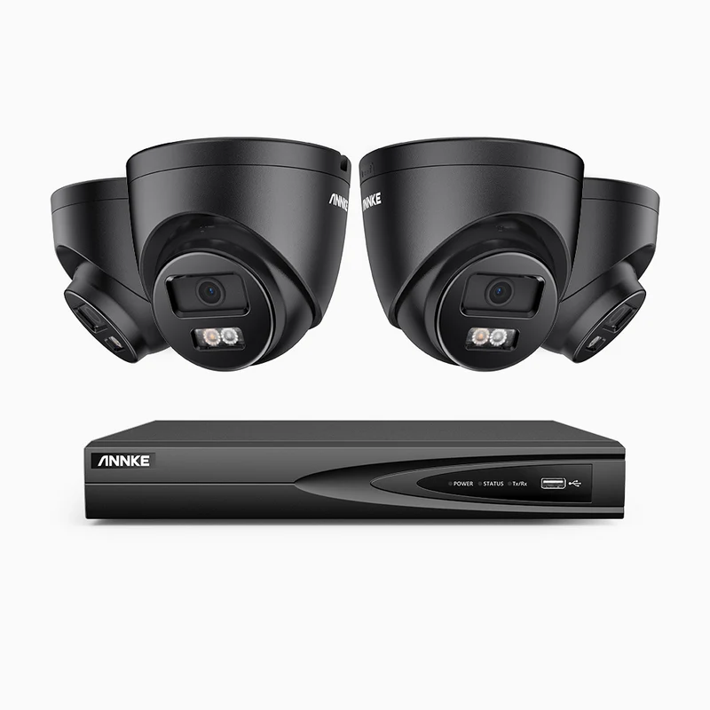 H500P - Kit de surveillance PoE 3K à 4 canaux avec 4 caméras, vision nocturne en couleur et infrarouge, 3072 × 1728 à 20 ips, Détection des personnes et des véhicules, Audio bidirectionnel, IP67