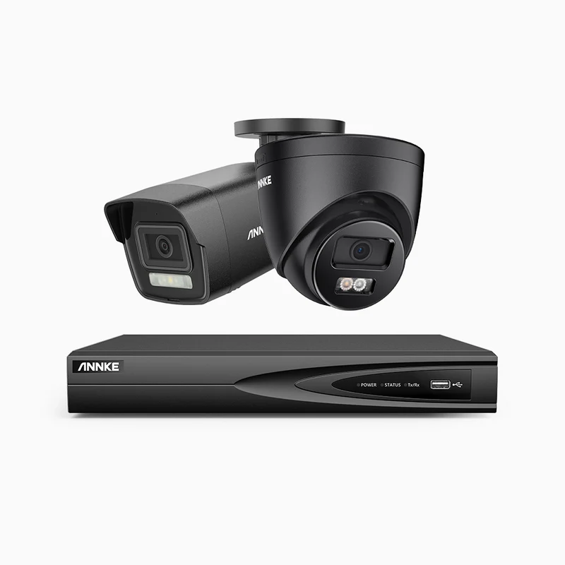 H500P - Kit de surveillance PoE 3K à 4 canaux avec 1 caméras bullet et 1 caméras tourelle, vision nocturne en couleur et infrarouge, 3072 × 1728 à 20 ips, Détection des personnes et des véhicules, Audio bidirectionnel, IP67