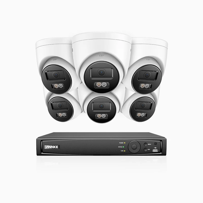 H1200 - Kit de surveillance PoE 4K 12MP à 8 canaux avec 6 caméras, vision nocturne couleur et IR, détection humaine et véhiculaire, H.265+, microphone intégré, stockage local maximal de 512 Go, IP67
