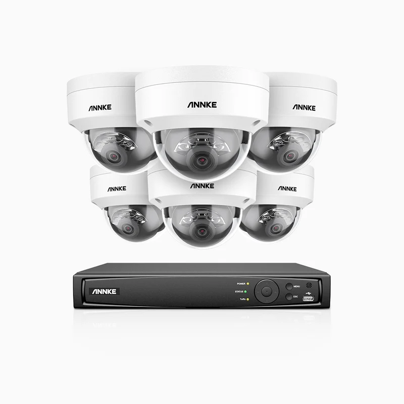 H1200 - Kit de surveillance PoE 4K 12MP à 8 canaux avec 6 caméras, vision nocturne couleur et IR, détection humaine et véhiculaire, H.265+, microphone intégré, stockage local maximal de 512 Go, IP67