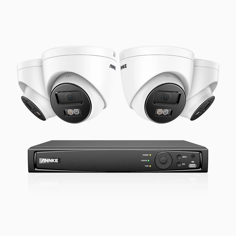 H1200 - Kit de surveillance PoE 4K 12MP à 8 canaux avec 4 caméras, vision nocturne couleur et IR, détection humaine et véhiculaire, H.265+, microphone intégré, stockage local maximal de 512 Go, IP67