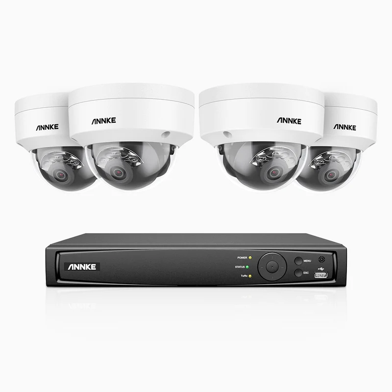 H1200 - Kit de surveillance PoE 4K 12MP à 8 canaux avec 4 caméras, vision nocturne couleur et IR, détection humaine et véhiculaire, H.265+, microphone intégré, stockage local maximal de 512 Go, IP67