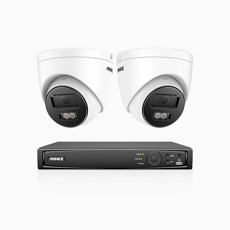 H1200 - Kit de surveillance PoE 4K 12MP à 8 canaux avec 2 caméras, vision nocturne couleur et IR, détection humaine et véhiculaire, H.265+, microphone intégré, stockage local maximal de 512 Go, IP67