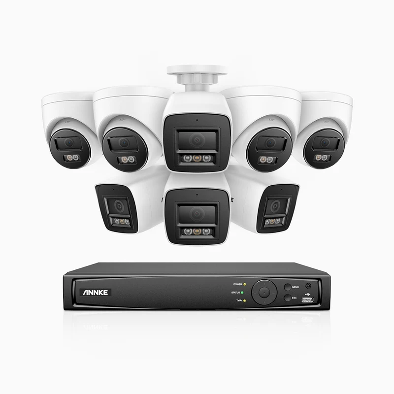 H1200 - Kit de surveillance PoE 4K 12MP à 16 canaux avec 4 caméras bullet et 4 caméra tourelle, vision nocturne couleur et IR, détection humaine et véhiculaire, H.265+, microphone intégré, stockage local maximal de 512 Go, IP67