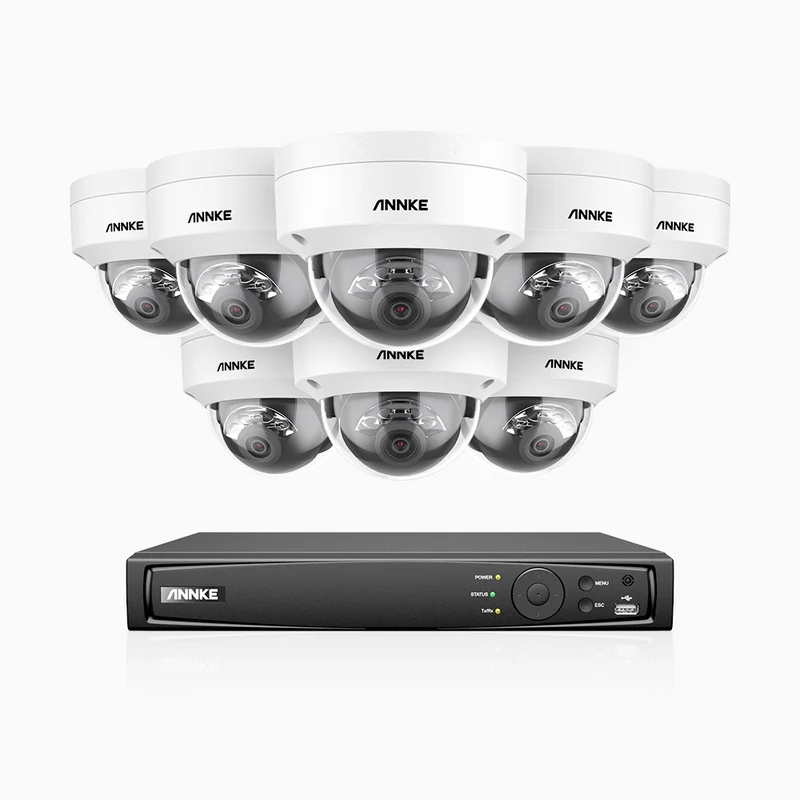 H1200 - Kit de surveillance PoE 4K 12MP à 16 canaux avec 8 caméras, vision nocturne couleur et IR, détection humaine et véhiculaire, H.265+, microphone intégré, stockage local maximal de 512 Go, IP67