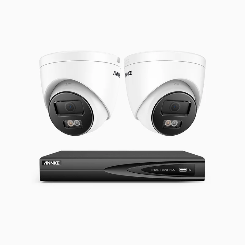 H500P - Kit de surveillance PoE 3K à 4 canaux avec 2 caméras, vision nocturne en couleur et infrarouge, 3072 × 1728 à 20 ips, Détection des personnes et des véhicules, Audio bidirectionnel, IP67