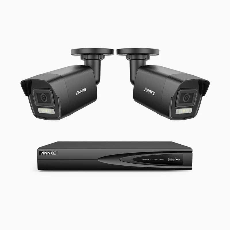 H500P - Kit de surveillance PoE 3K à 4 canaux avec 2 caméras, vision nocturne en couleur et infrarouge, 3072 × 1728 à 20 ips, Détection des personnes et des véhicules, Audio bidirectionnel, IP67